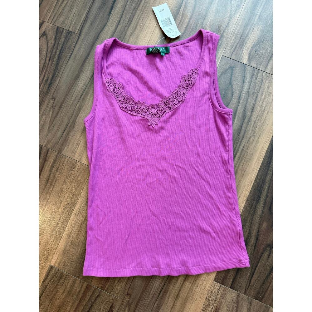 Lauren Ralph Lauren Pink Ribbed Sleeveless Tank Top Lace Trim Women’ New Y2K